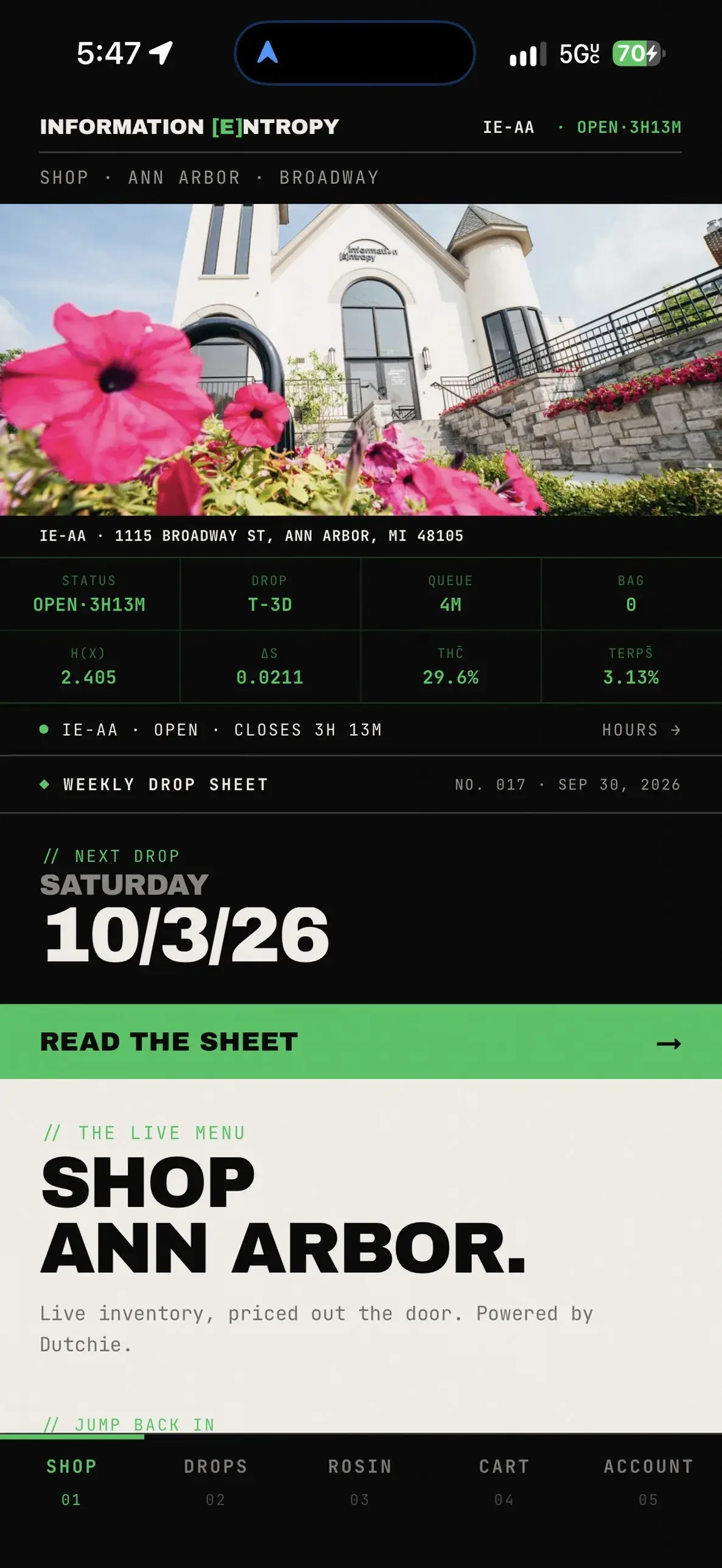 Information Entropy app — the Ann Arbor shop screen with the weekly drop sheet
