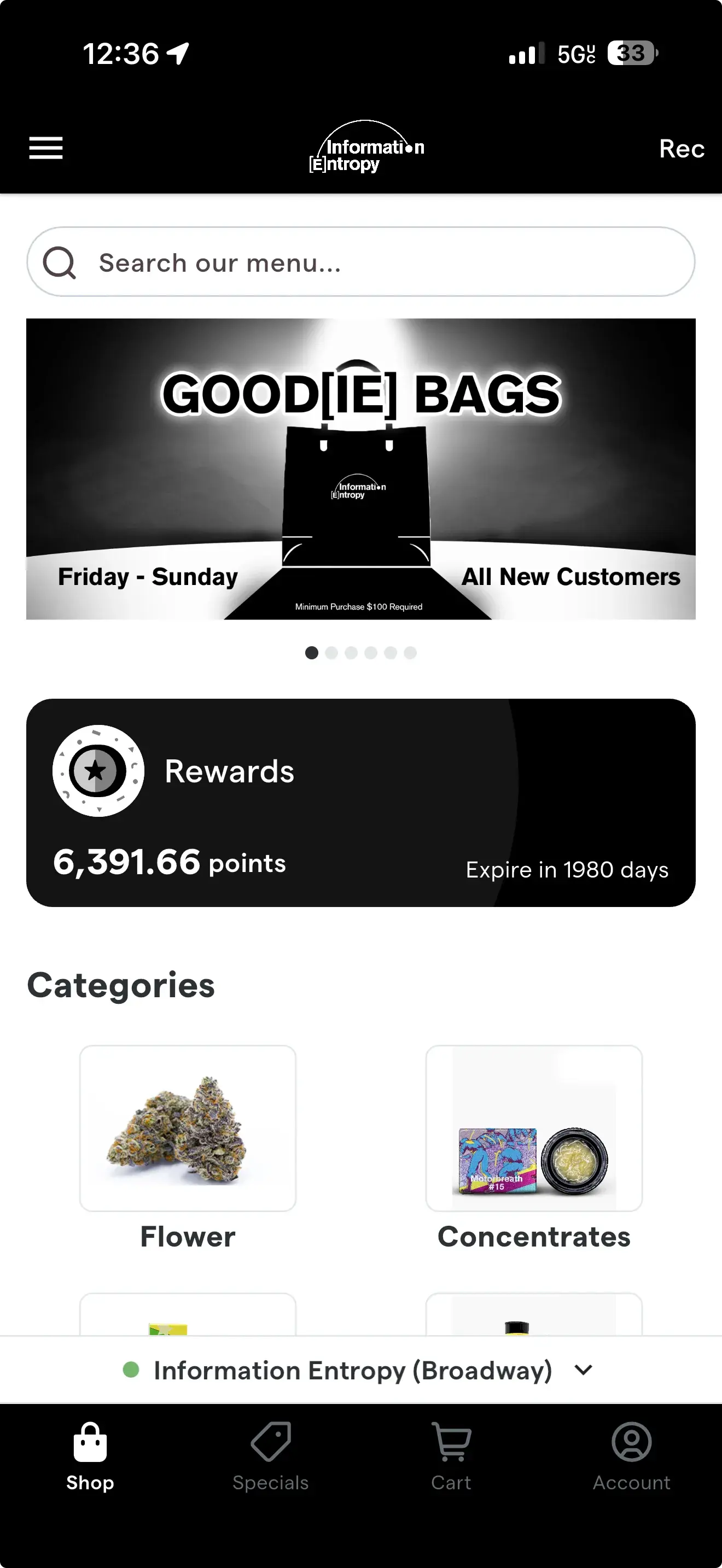 Information Entropy app — browse the flower menu and rewards